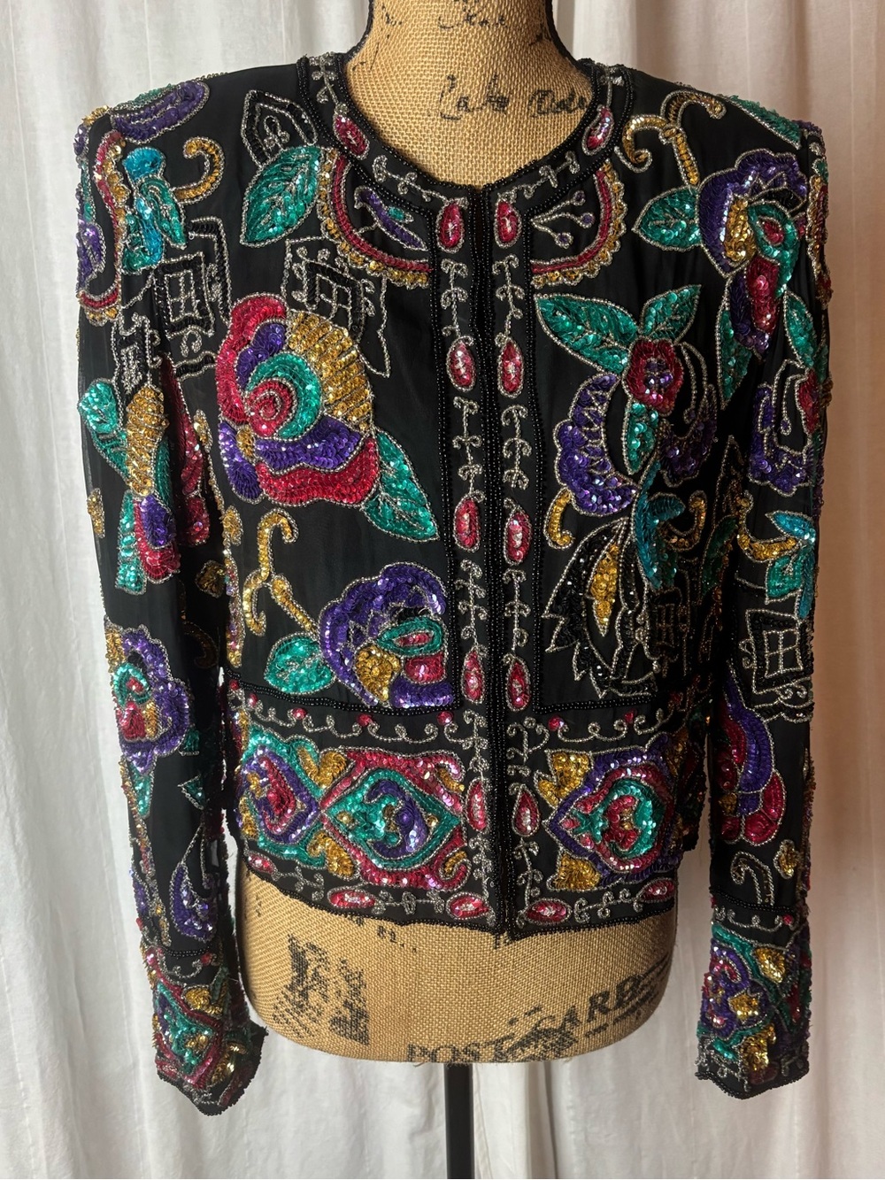 Niteline Della Roufogali Beaded Sequin Jacket Silk Floral Evening Formal Sz S